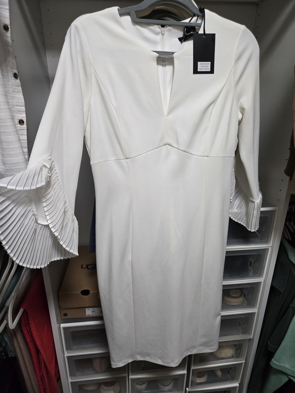 DKNY Cream Pleated Bell-Sleeve Midi Dress